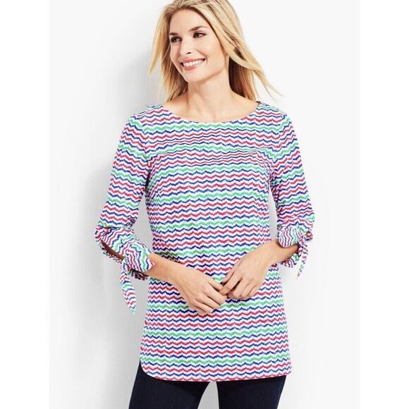 Talbots Tunic Medium Colorful Whale Tail Wavy Print Tie‎ Sleeve Popover Blouse - Picture 1 of 8